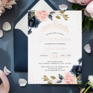 Rose Gold Navy Floral Quinceanera Foil Einladung