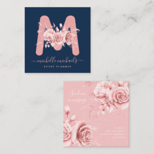 Rose Gold Navy Floral Water Monogram Quadratische Visitenkarte