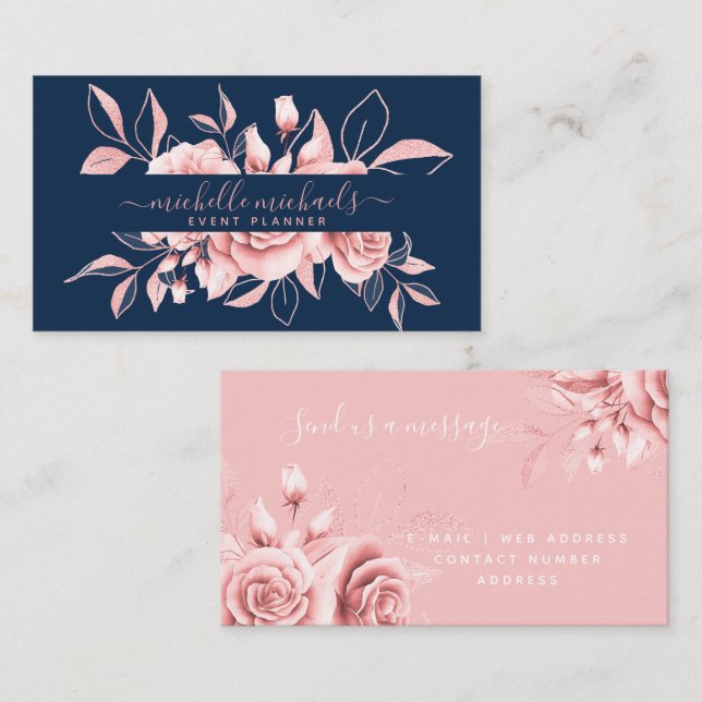 Rose Gold Navy Floral Watercolor Event Plane Visitenkarte (Vorne/Hinten)