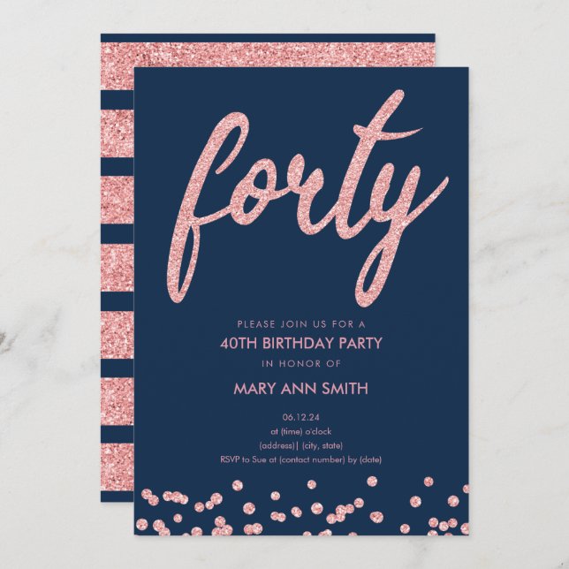 Rose Gold Navy Glitzer 40. Geburtstag Party Einladung (Vorne/Hinten)