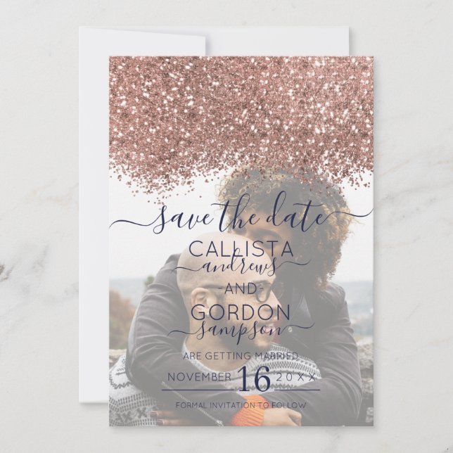 Rose Gold Navy Glitzer Confetti Foto Hochzeit Save The Date (Vorderseite)