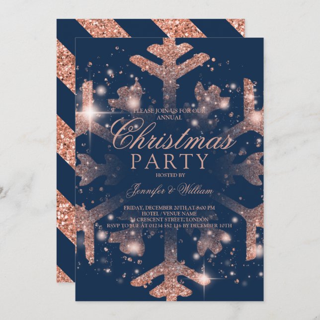 Rose Gold Navy Glitzern Xmas Feiertag Party Einladung (Vorne/Hinten)