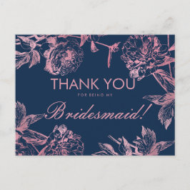 Rose Gold Navy Simple Floral Bridesmaid Vielen Dan Postkarte