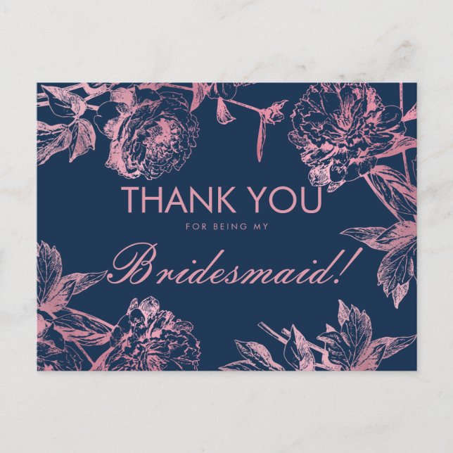Rose Gold Navy Simple Floral Bridesmaid Vielen Dan Postkarte (Vorderseite)