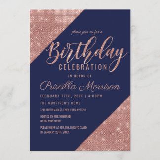 Rose Gold Navy Sparkling Glitzer Sequin Geburtstag Einladung