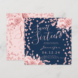 Rose Gold Navy Sweet 16 Glitzer Confetti Floral Einladung
