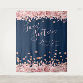 Rose Gold Navy Sweet 16 Glitzer Confetti Floral Wandteppich