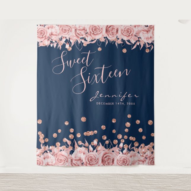 Rose Gold Navy Sweet 16 Glitzer Confetti Floral Wandteppich (Vorderseite)