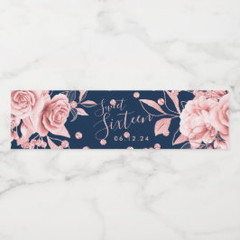 Rose Gold Navy Sweet 16 Glitzer Confetti Floral Wasserflaschenetikett