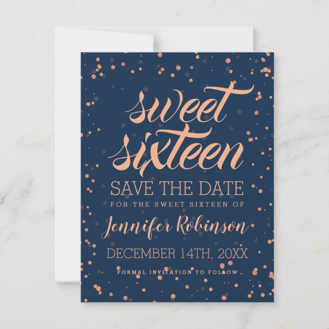Rose Gold Navy Sweet 16 Rett Datum Confetti Save The Date (Vorderseite)