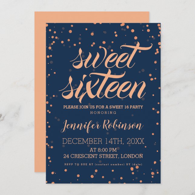 Rose Gold Navy Sweet 16 Sparkle Confetti Einladung (Vorne/Hinten)