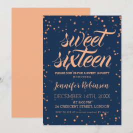 Rose Gold Navy Sweet 16 Sparkle Confetti Einladung