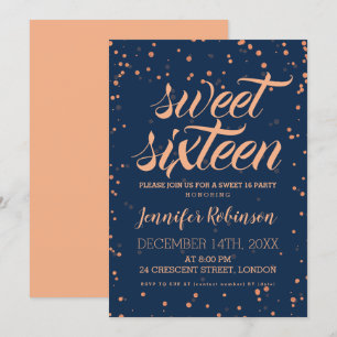 Rose Gold Navy Sweet 16 Sparkle Confetti Einladung