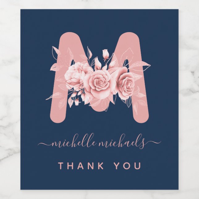 Rose Gold Navy Vielen Dank Floral Monogram Weinetikett (Einzelnes Label)