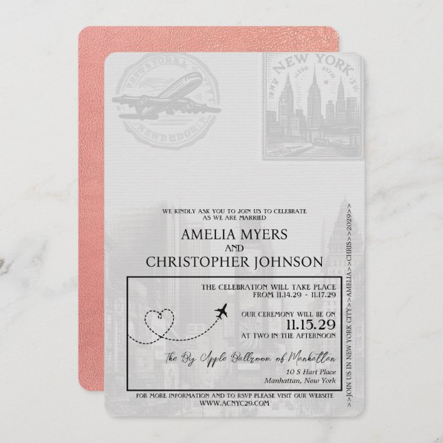 Rose Gold New York City Passport Hochzeit Einladung (Vorne/Hinten)