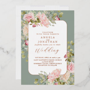 Rose Gold Olive Green Floral Wedding Folieneinladung