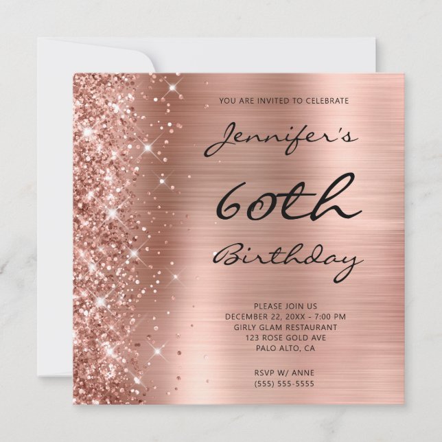 Rose Gold Ombre Foil Verlassen Glitzer 60. Geburts Einladung (Vorderseite)