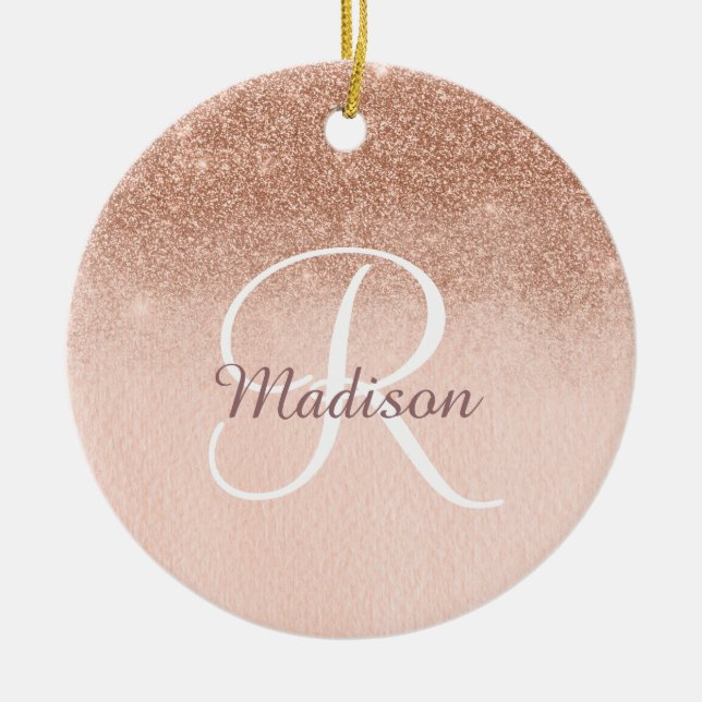Rose Gold Ombre Personalisiert Monogram Glitzer Keramik Ornament (Vorne)