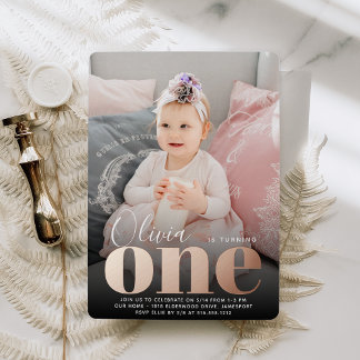 Rose Gold ONE Erstes Geburtstagsparty Foto Folieneinladung