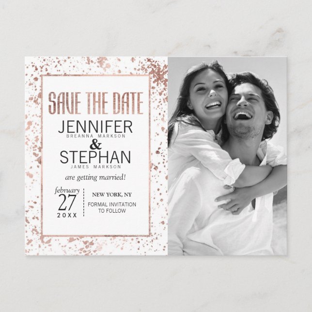Rose Gold Paint Spritzer Save the Date Postkarten (Vorderseite)