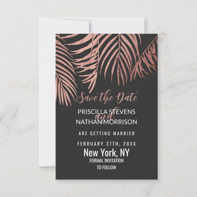 Rose Gold Palm Tree Fronds Black Modern Save The Date (Vorderseite)