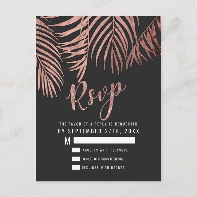 Rose Gold Palm Tree Fronds Black Modern UAWG Postkarte (Vorderseite)