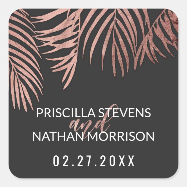 Rose Gold Palm Tree Fronds Black Modern Wedding Quadratischer Aufkleber (Vorderseite)