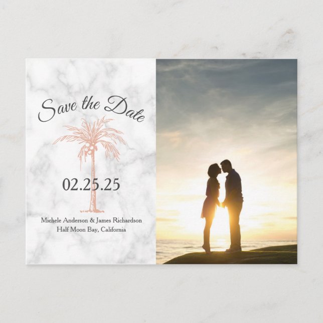 Rose Gold Palm Tree Marble Wedding Rett Date Foto Ankündigungspostkarte (Vorderseite)