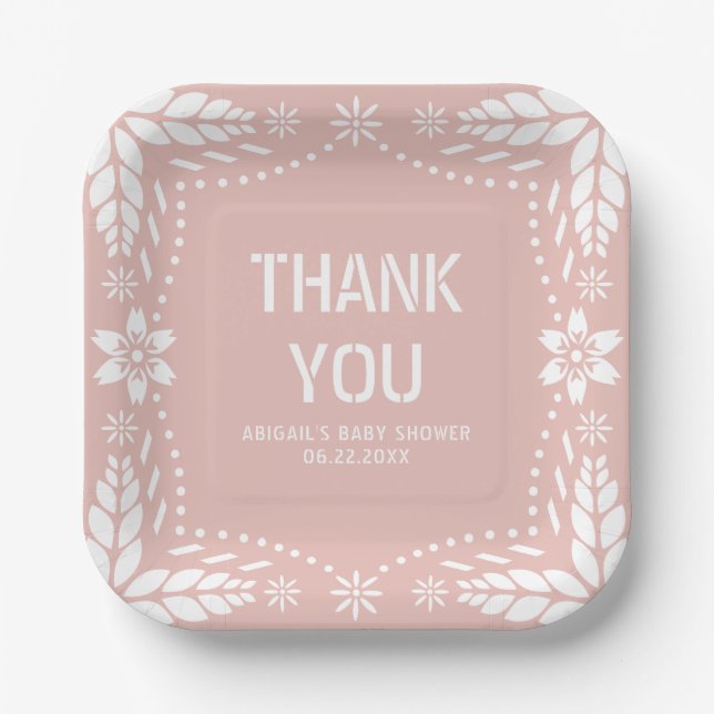 Rose gold papel picado Danke Baby Girl Dusche Pappteller (Vorderseite)