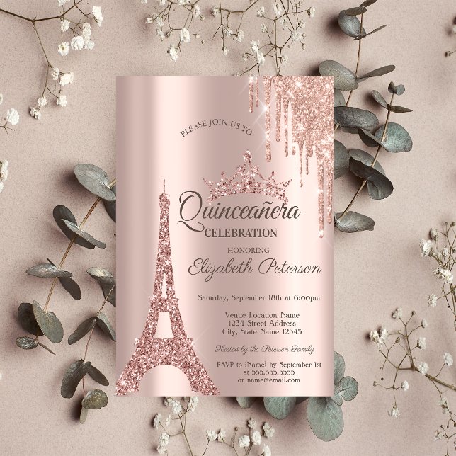 Rose Gold Paris Eiffelturm, Tropfen Quinceañera Einladung (Von Creator hochgeladen)