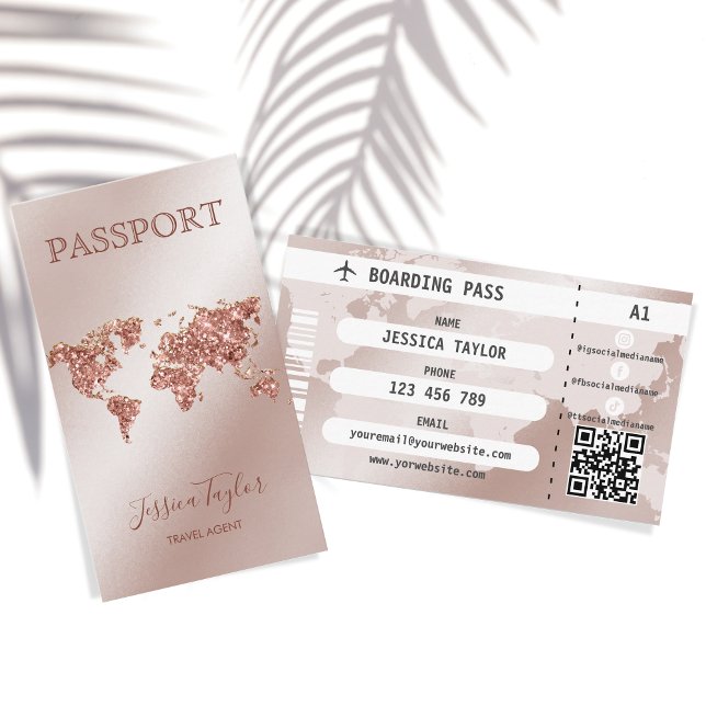 Rose Gold Passport World Map Boarding Pass Visitenkarte (Von Creator hochgeladen)