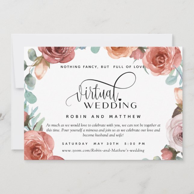 Rose Gold Peach floral Online Virtual Wedding Einladung (Vorderseite)