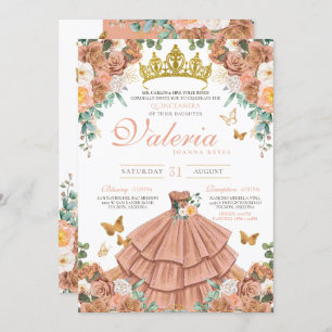 Rose Gold Peach Princess Butterfly Quinceanera Einladung