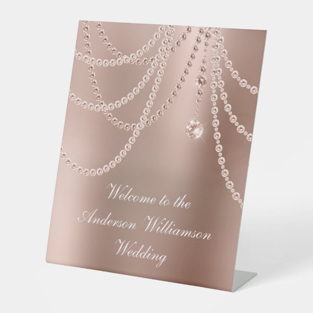 Rose Gold Pearls Diamanten Hochzeit Willkommen Sockelschild (Vorderseite)