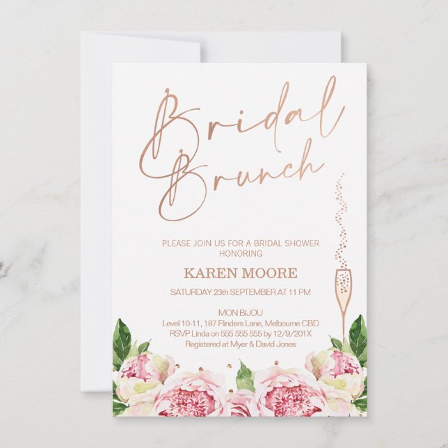 Rose Gold Peonies Bridal Brunch Einladung (Vorderseite)