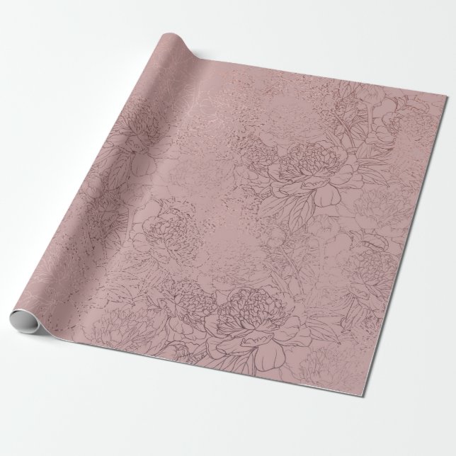Rose Gold Peony Kontur Muster auf Rosa Rosa Geschenkpapier (Ungerollt)