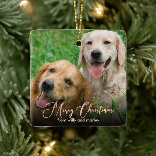 Rose Gold Pet Foto Frohe Weihnachtsschrift Keramikornament (Baum)