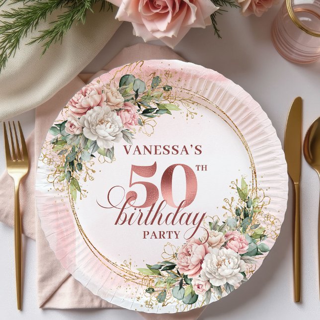 Rose Gold Pfingstrose Grünzeug 50. Geburtstag Papi Pappteller (Rose Gold Peony Greenery 50th Birthday Paper Plates)