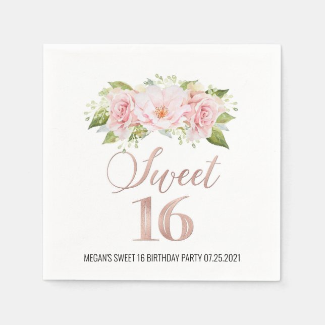 Rose Gold Pink Aquarell Blumensüß 16 Geburtstag Serviette (Vorderseite)