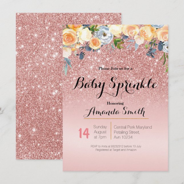Rose Gold Pink Baby Sprinkle Einladung Blau (Vorne/Hinten)