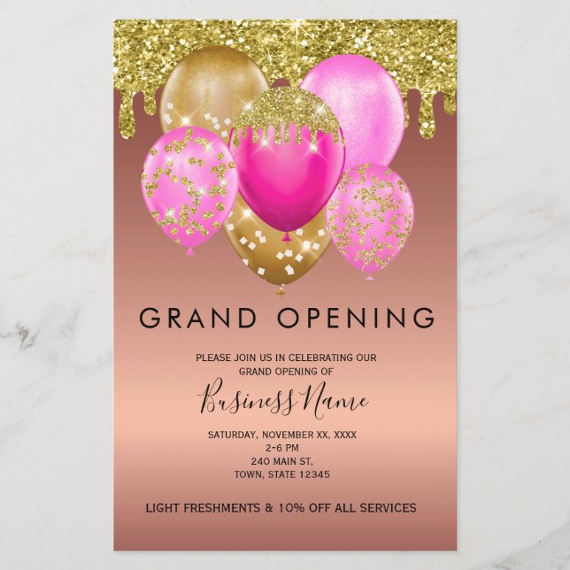 Rose Gold Pink Balloons Grand Opening Flyer (Vorne)