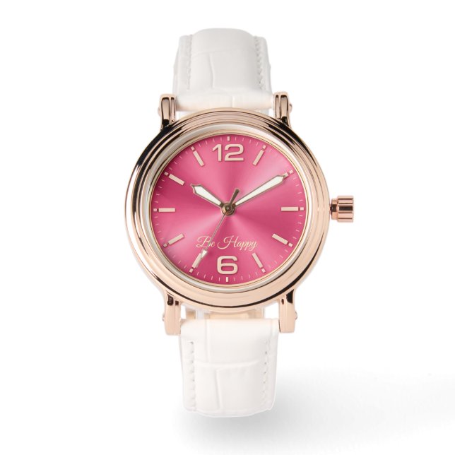 Rose Gold & Pink "Be Happy" Watch with White Strap Armbanduhr (Vorderseite)