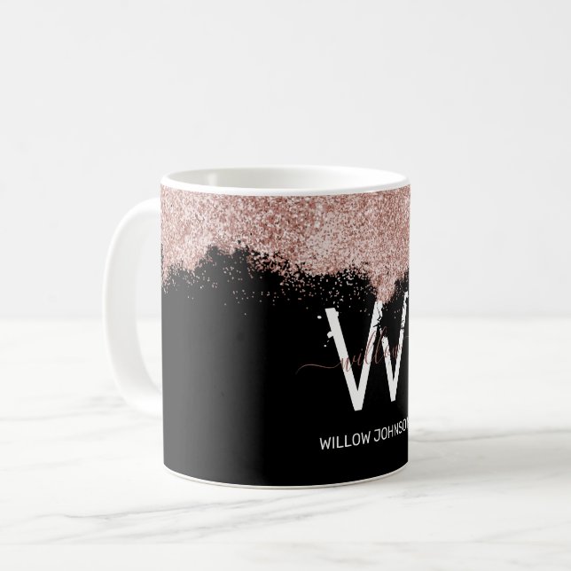 Rose Gold Pink Black Girl Glitzer Dust Monogram Kaffeetasse (Vorderseite Links)