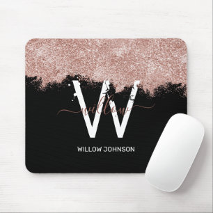 Rose Gold Pink Black Girl Glitzer Dust Monogram Mousepad