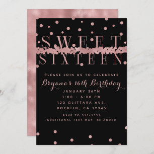Rose Gold Pink & Black Modern Glam Sweet 16 Party Einladung
