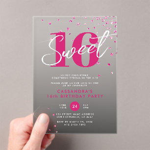 Rose Gold Pink & Black Sweet 16 Geburtstag Acryleinladungen
