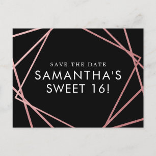 Rose Gold Pink Black Sweet 16 Save the Date Ankündigungspostkarte