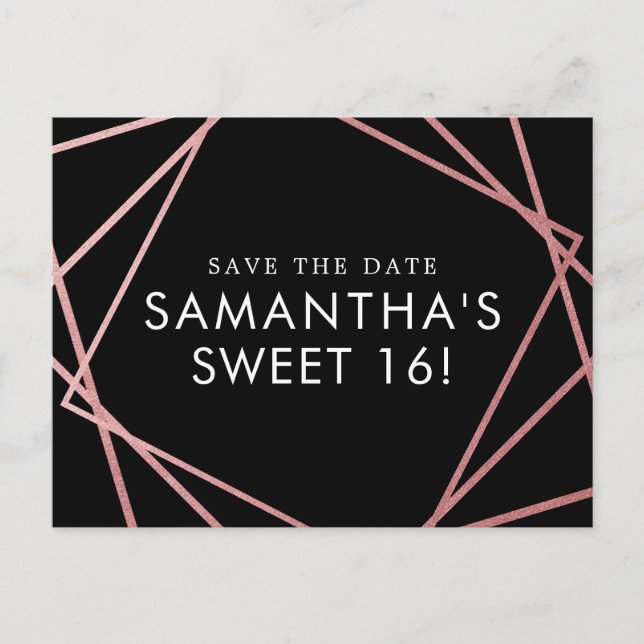 Rose Gold Pink Black Sweet 16 Save the Date Ankündigungspostkarte (Vorderseite)