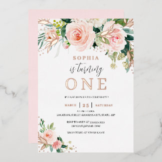 Rose Gold Pink Blush Floral Girl 1. Geburtstag Folieneinladung