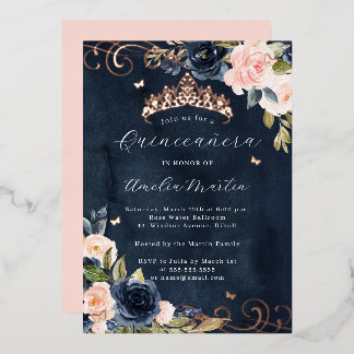 Rose Gold Pink Blütenwirbel Quinceanera Folieneinladung